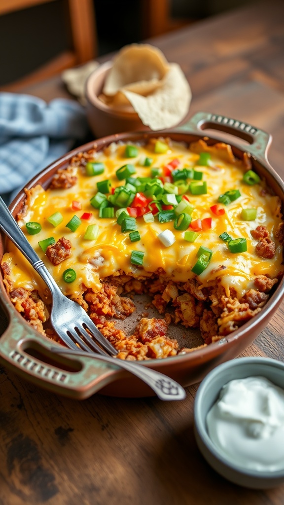 A cheesy taco bake casserole with toppings, served on a rustic table with sour cream.